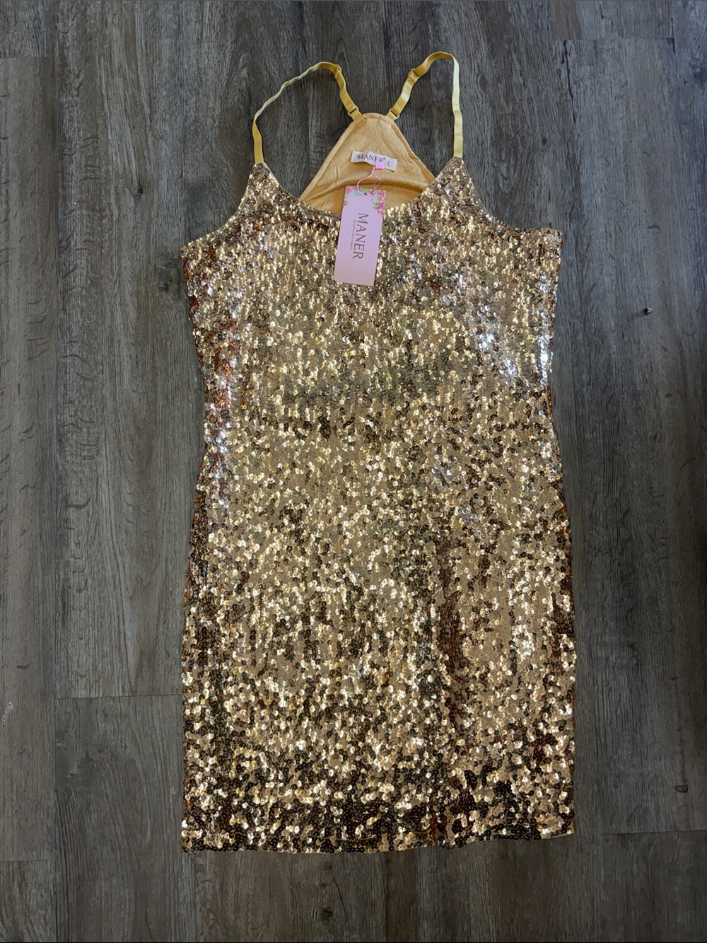 MANIER Gold Sequin Spaghetti-Strap Formal Dress